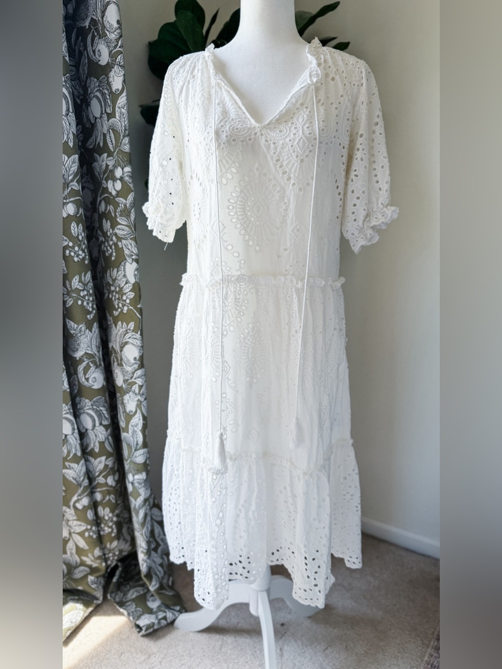 White Eyelet Boho Midi Dress